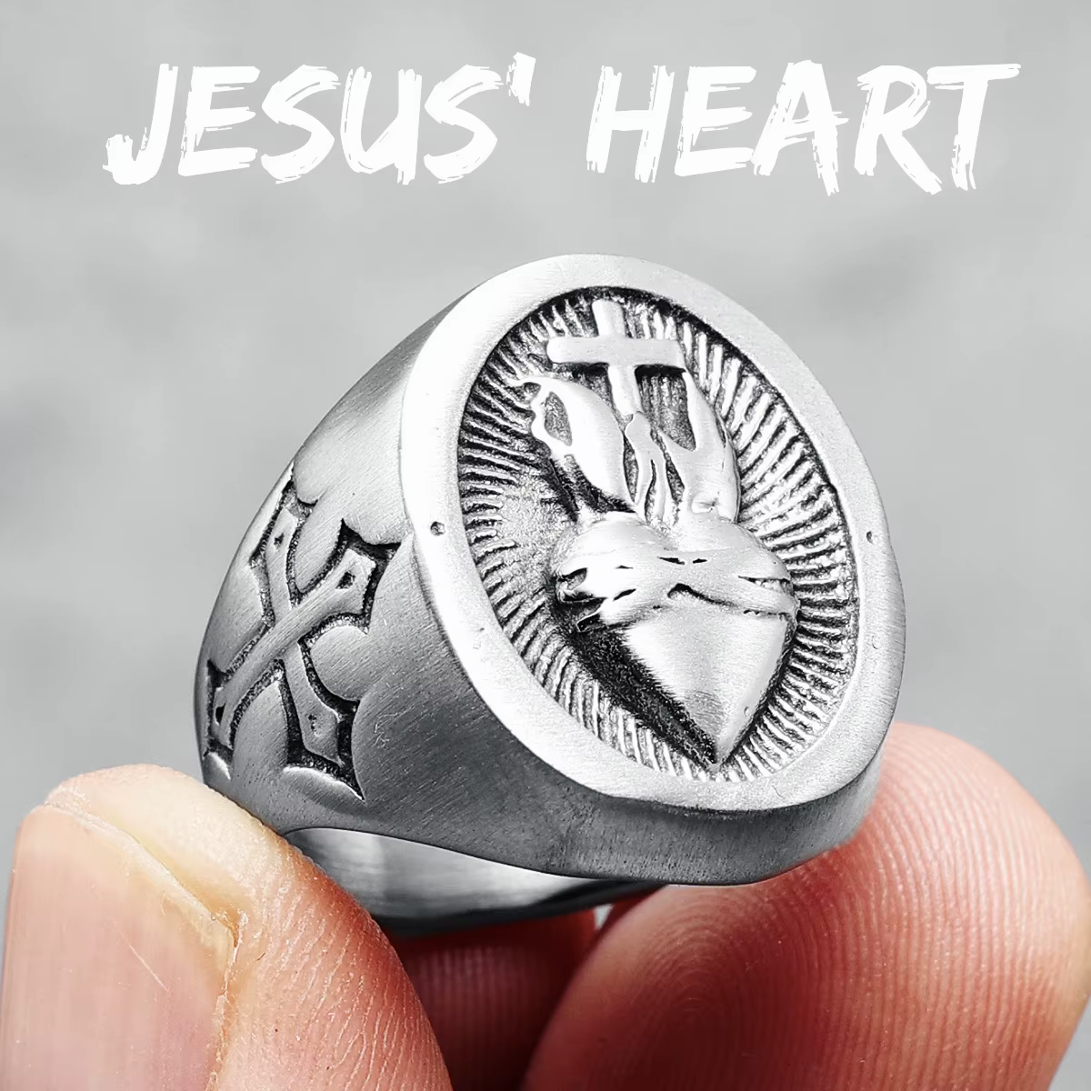 Bague coeur de dieu Religion croix en acier inoxydable 316L pour hommes, amulette Rock pour homme, p
