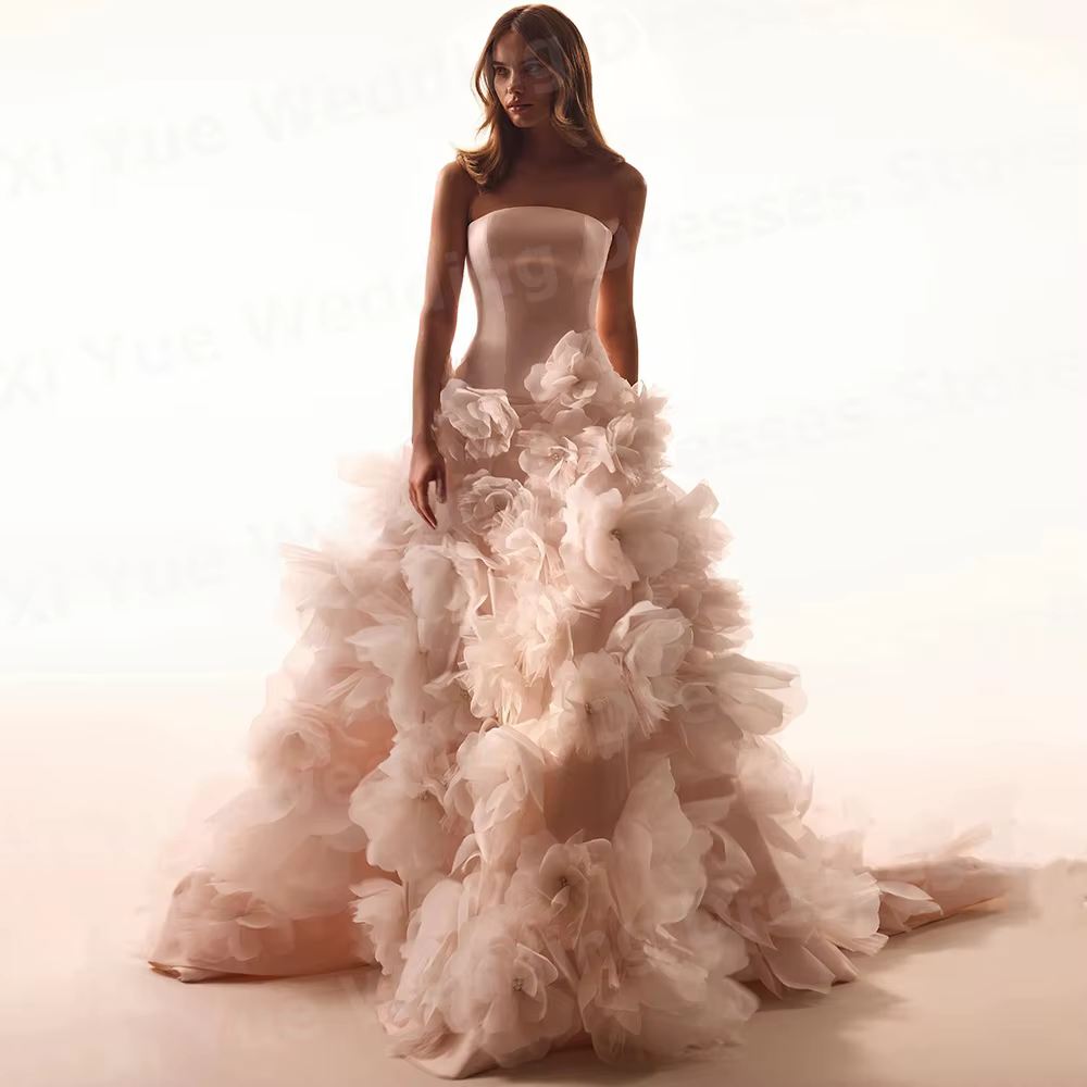 Luxueux une ligne robes De mariée pour femmes sans bretelles fleurs robes De Novias De Boda robes De
