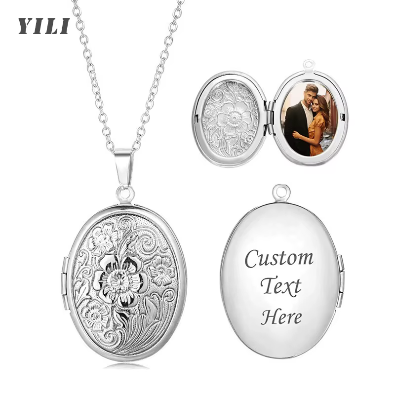 Collier médaillon avec Photo de fleur gravée personnalisée, pendentif ovale avec Photo pour femmes, 