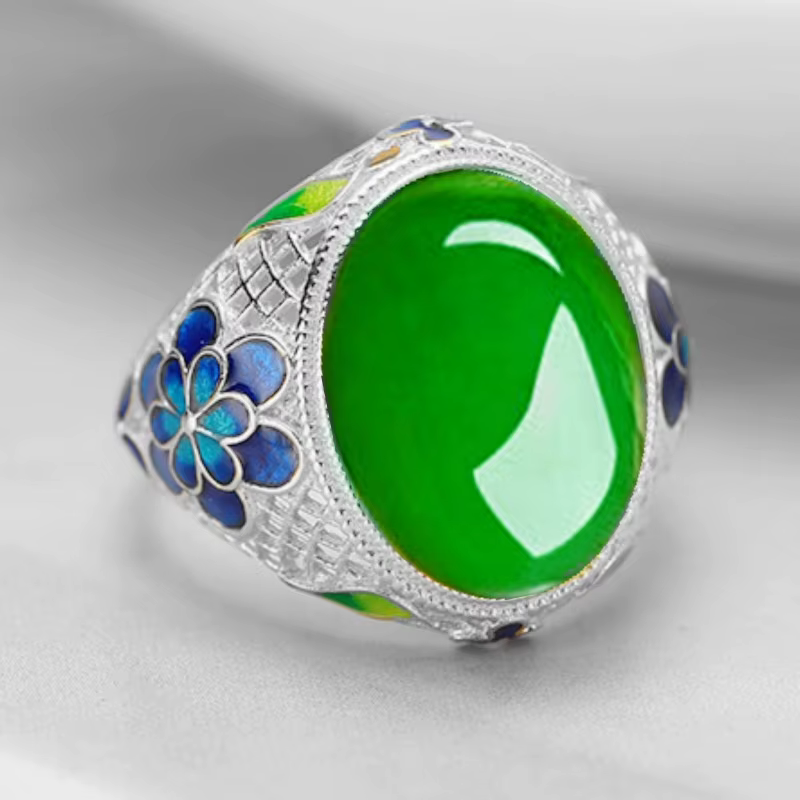Bague en forme d'œuf de Jade pour femmes, bijoux de tempérament, belle bague en émail fleur bleue, b