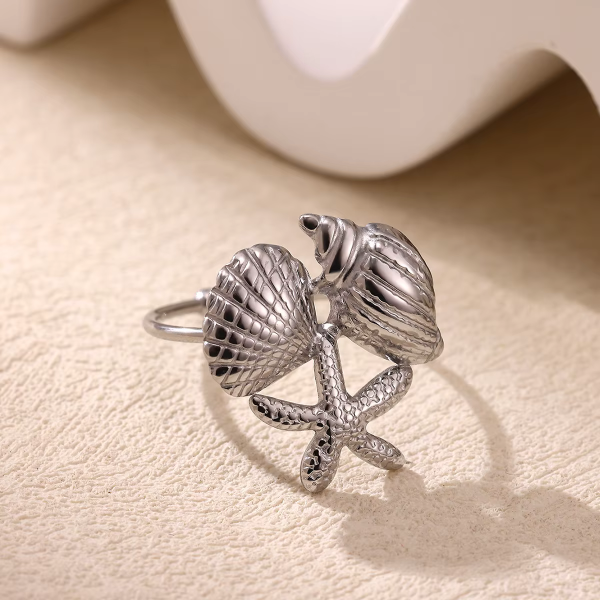 Bague style océan pour femme, couleur or, acier inoxydable, étoile de mer, coquillage, conque, jolie