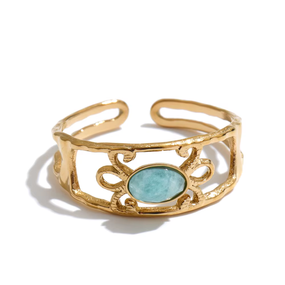Yhpup – bague réglable en acier inoxydable pour femmes, pierre d'agate amazonite, apatite, couleur o