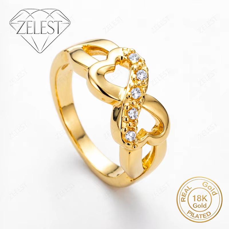 Argent sterling 925 plaqué or 18 carats # 8 exquises bagues en zircone à double cœur - Bijoux de mod