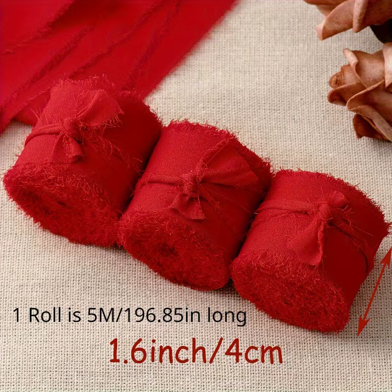 Ruban rouge en mousseline de soie à bord effiloché, 2 rouleaux, élégant, pour emballage cadeau, invi