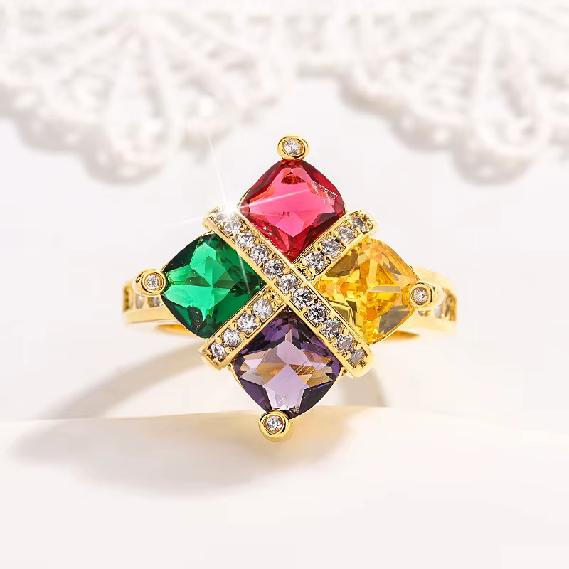 Bague en or 18 carats pour femmes, améthyste colorée, topaze, émeraude, rubis, diamant complet, cade