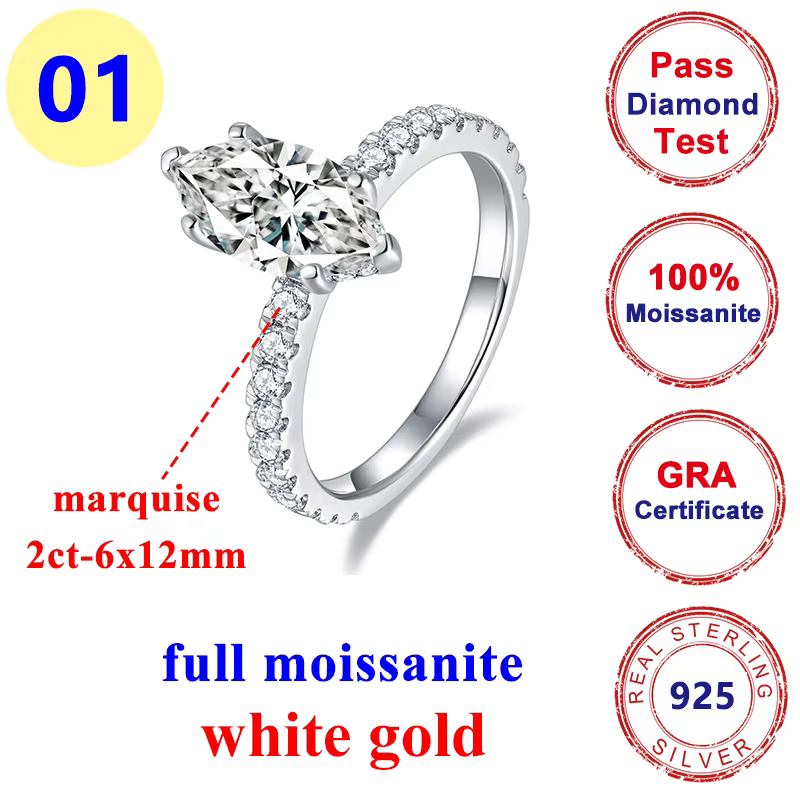 Bague de fiançailles entièrement en moissanite et diamant pour femme, argent regardé 925, or 18 cara