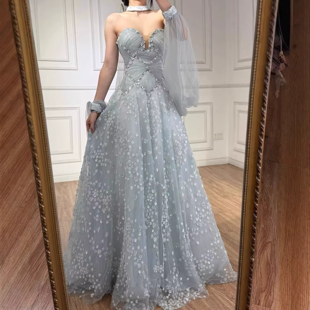 Robe de soirée trapèze bleu clair luxueuse avec fleurs 3D et manches détachables en mousseline de so