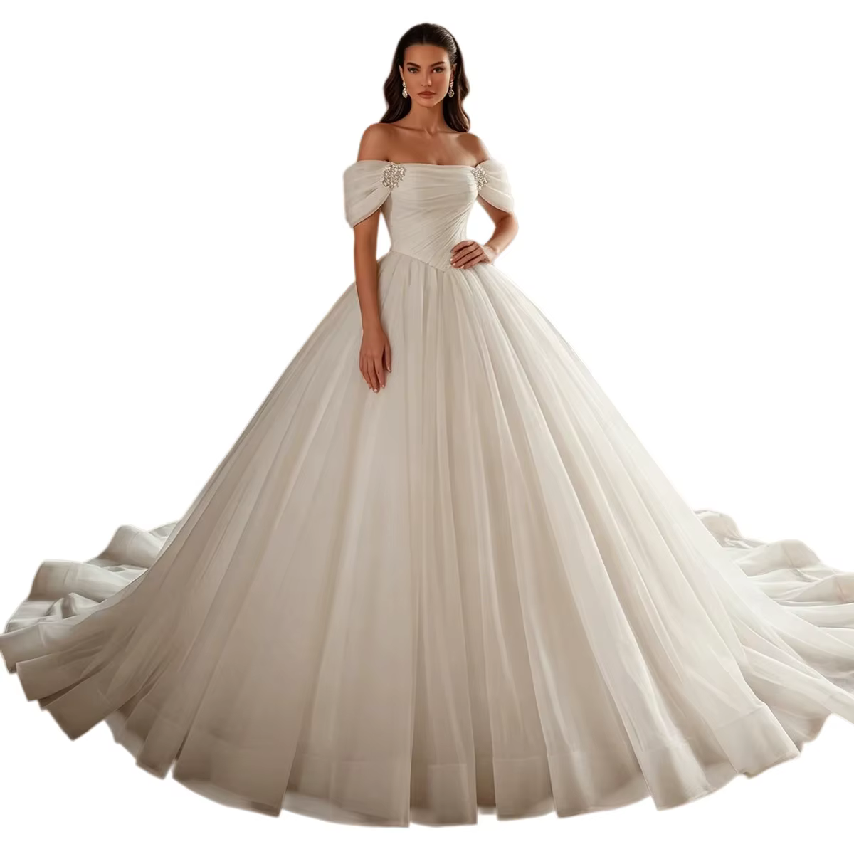 Robe de mariée classique en tulle bouffant à perles, longue, épaules dénudées, pour femme, Vestidos 