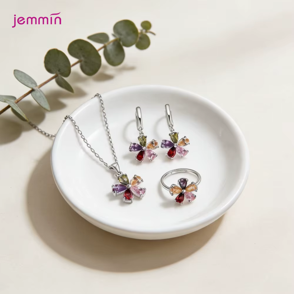 Parure de bijoux délicate et étincelante en argent sterling 925 véritable, avec pendentif floral en 