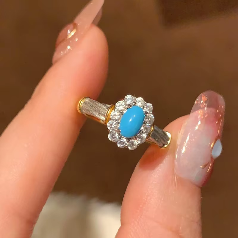 Bagues turquoise en diamant incrusté de style couple de luxe léger créatif pour femmes, bague à fleu