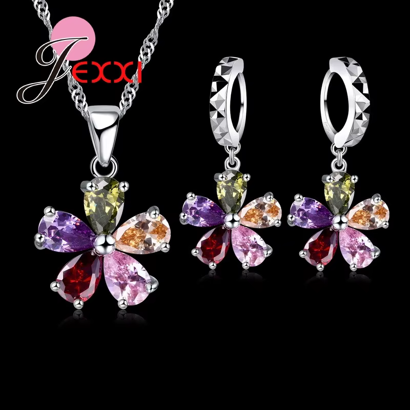 Ensemble de bijoux en argent regardé 925 avec pendentif pétale, collier, boucles d'oreilles, cubique