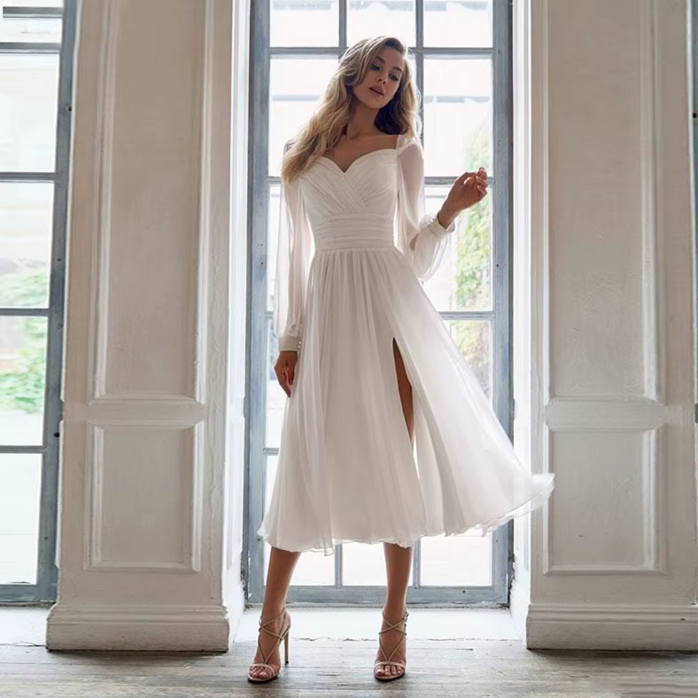 Robe de Mariée Simple en Mousseline de Soie, Longueur Thé, Chérie et Manches sulf, Fendue sur le Côt