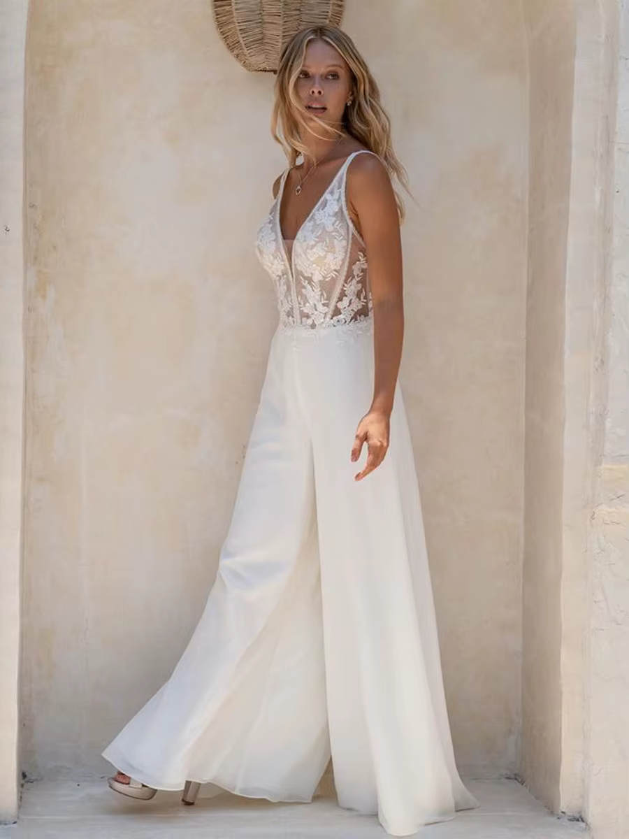 Combinaison De plage pantalon Robe De mariée pour femmes Boho sans manches dos ouvert dentelle blanc