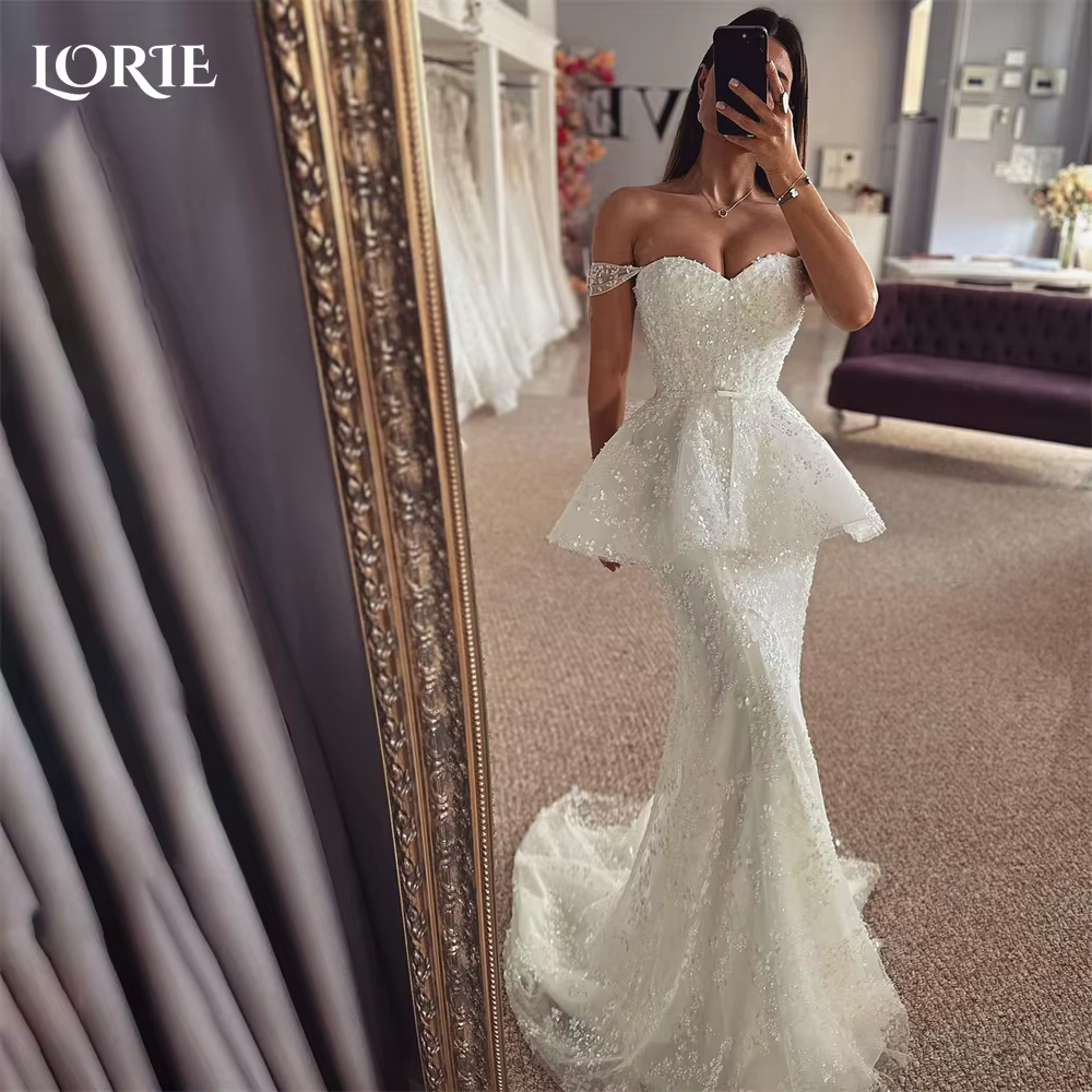 LORIE luxe sirène paillettes robes de mariée épaules nues dos nu brillant sans manches robes de mari