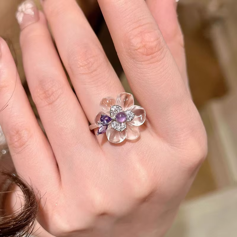 Bagues romantiques en cristal violet pour femmes, fleurs fraîches, belles et uniques, transparentes,