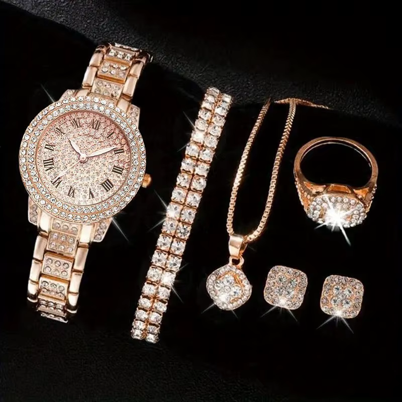 Montre à quartz pour femme, ensemble de bijoux de luxe en or avec bague, collier, boucles d'oreilles