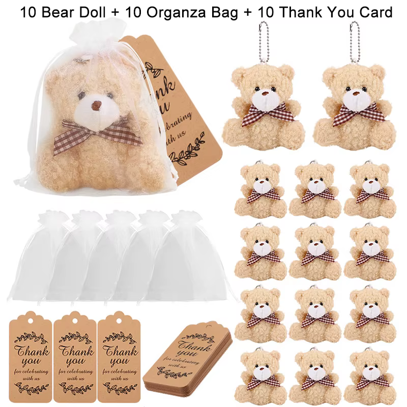 30 pièces/10 ensembles ours cadeau avec sac en Organza carte de remerciement pour bébé douche fourni