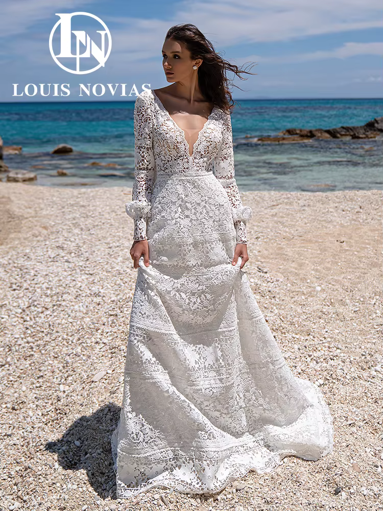 Modiis-Robes de mariée en dentelle pour femmes, robe de mariée A-ligne, col en V profond, manches lo