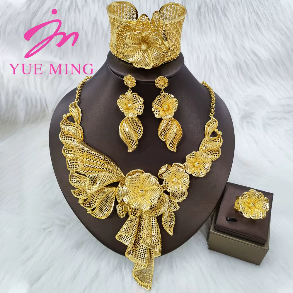 YM-Ensemble de bijoux plaqué or pour femme collier en cuivre boucles d'oreilles Dubaï fête africaine