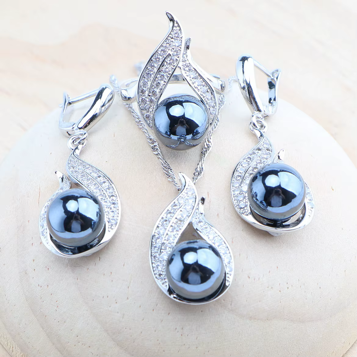 Ensemble de bijoux en argent 925 avec perles noires, bagues de mariage en Zircon blanc, boucles d'or