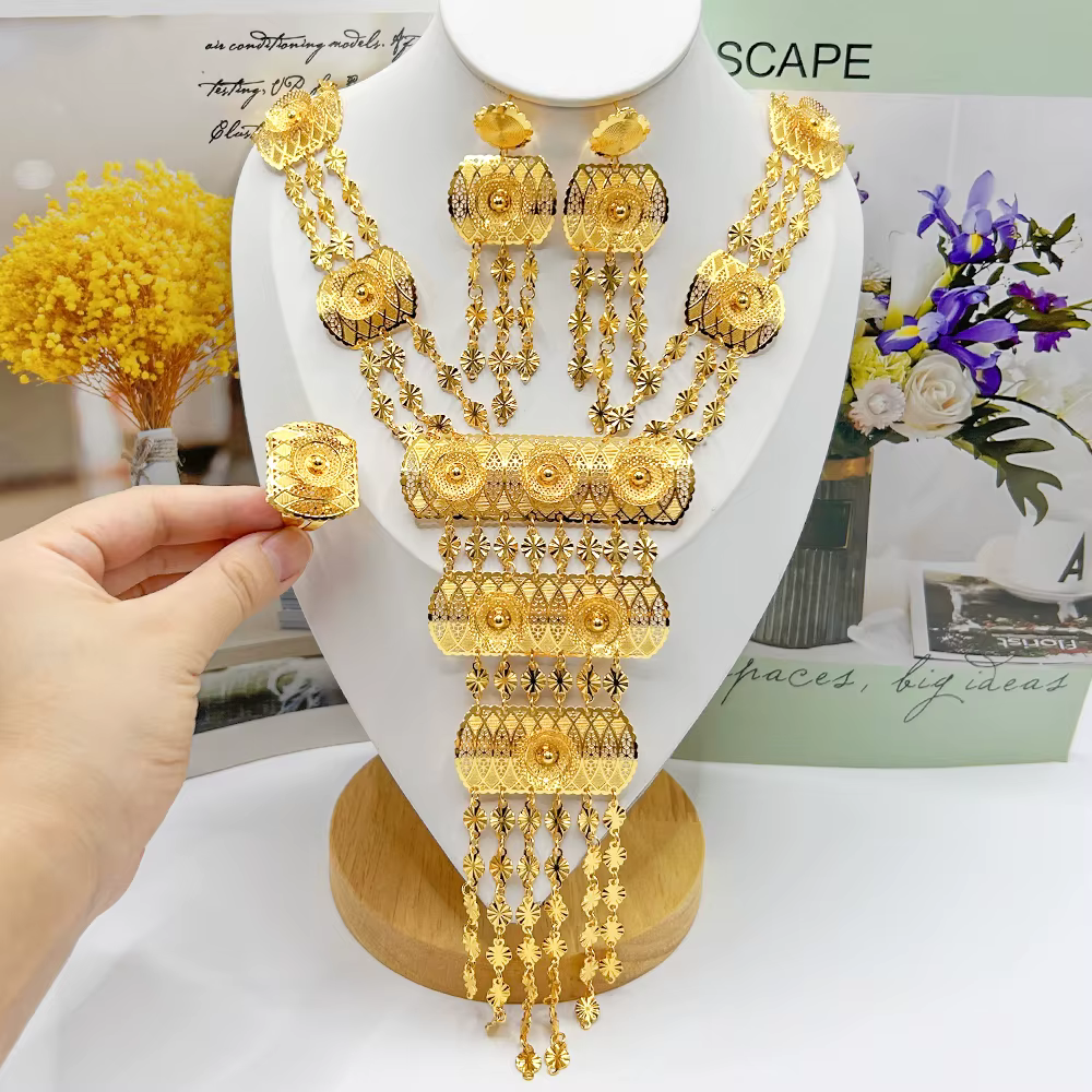 Moyen-Orient collier boucle d'oreille 3 pièces ensemble de luxe couleur or gland collier mode boucle