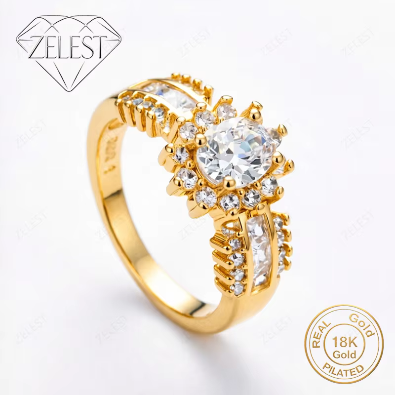 Bague en argent sterling 925 plaqué or 18 carats avec zircone en forme de tournesol, pour femmes, ac