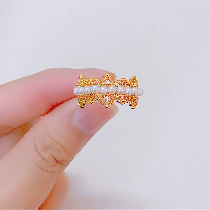 Bague ouverte élégante vintage en or sable incrustée de perles, style couronne de princesse, bijoux 