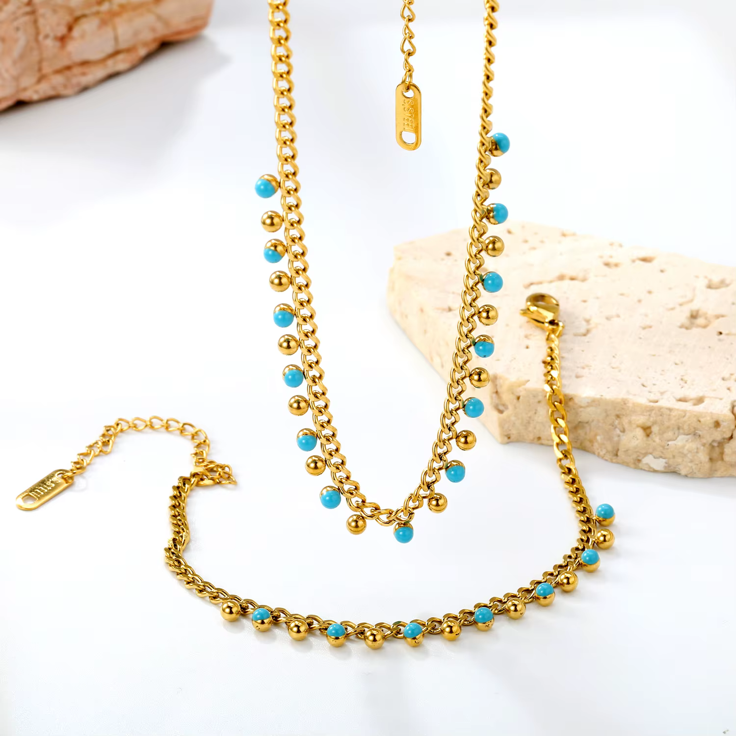 ASONSTEEL Bohemia – ensemble de bijoux en acier inoxydable avec pendentif et bracelet à perles bleue