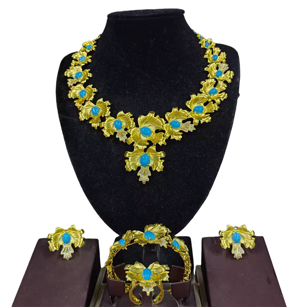 Parure de bijoux africains plaqués or – Collier ras-du-cou en maille, boucles d'oreilles, bracelet e