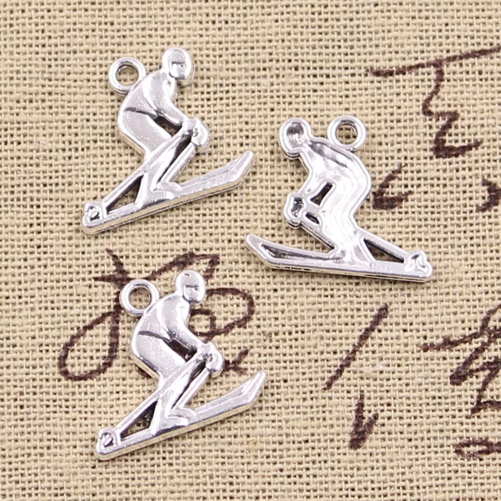 Pendentifs de couleur argent Antique, 25 pièces, 17x19mm, pour les amateurs de Ski, fabrication arti