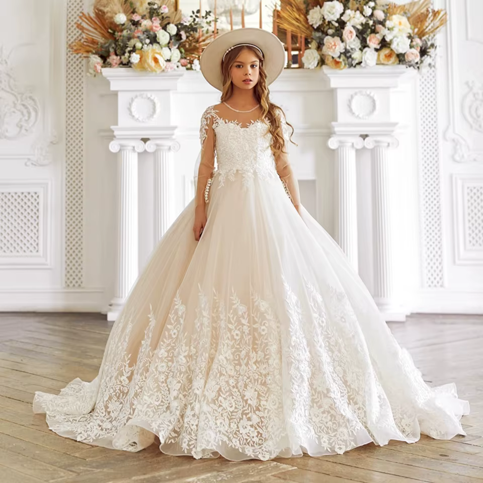 Robes de fille personnalisées pour les mariages manches longues ivoire anniversaire filles robes de 