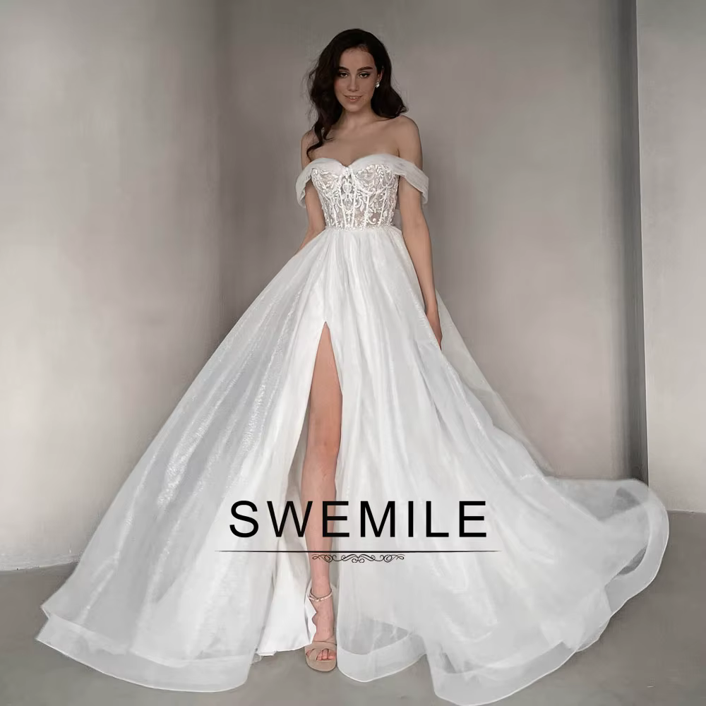 SWEMILE Robes de mariée fendues tendance pour la mariée, épaules dénudées, appliques, boutons, coupe