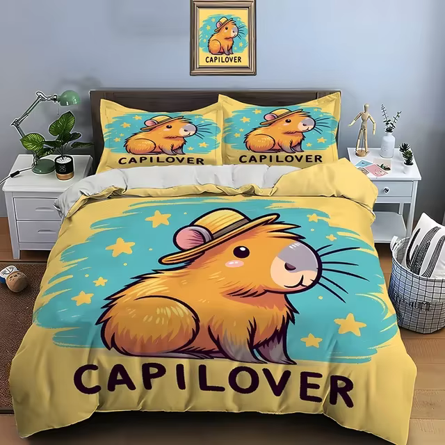 Nouvel ensemble de literie imprimé capybara mignon de dessin animé, housse de couette 1, 2 taies d'o