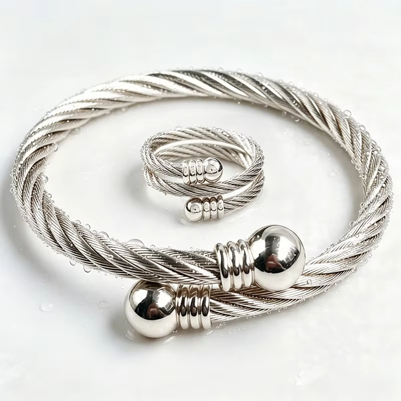 Acier inoxydable 316L, vente flash ! Ensemble bracelet et bague style corde torsadée, accents de bou