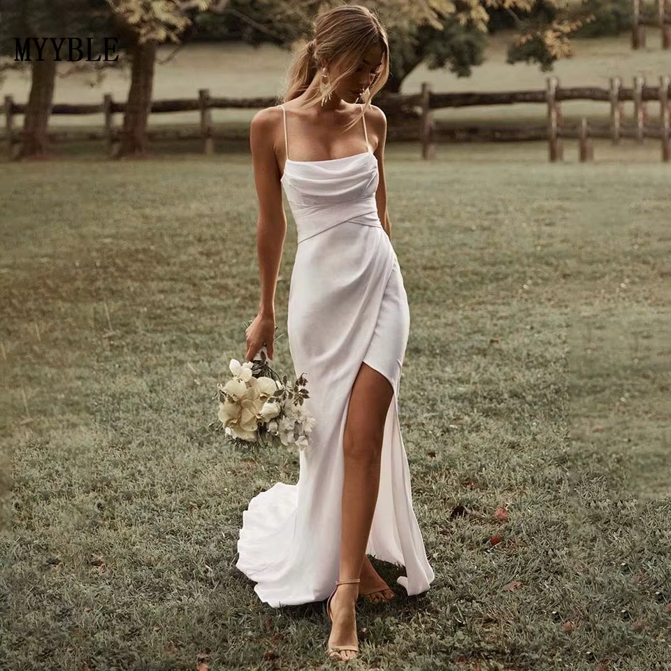 Robe de Mariée Sexy et Simple Personnalisée Style Bohème, Vêtement Éducatif avec Bretelles à Fente H
