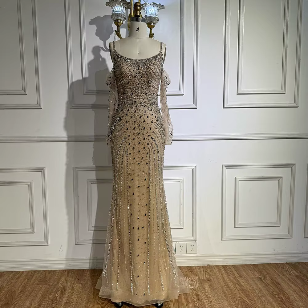 Robe de soirée de luxe en perles bleu marine, couleur chair, avec bretelles Spaghetti, manches longu