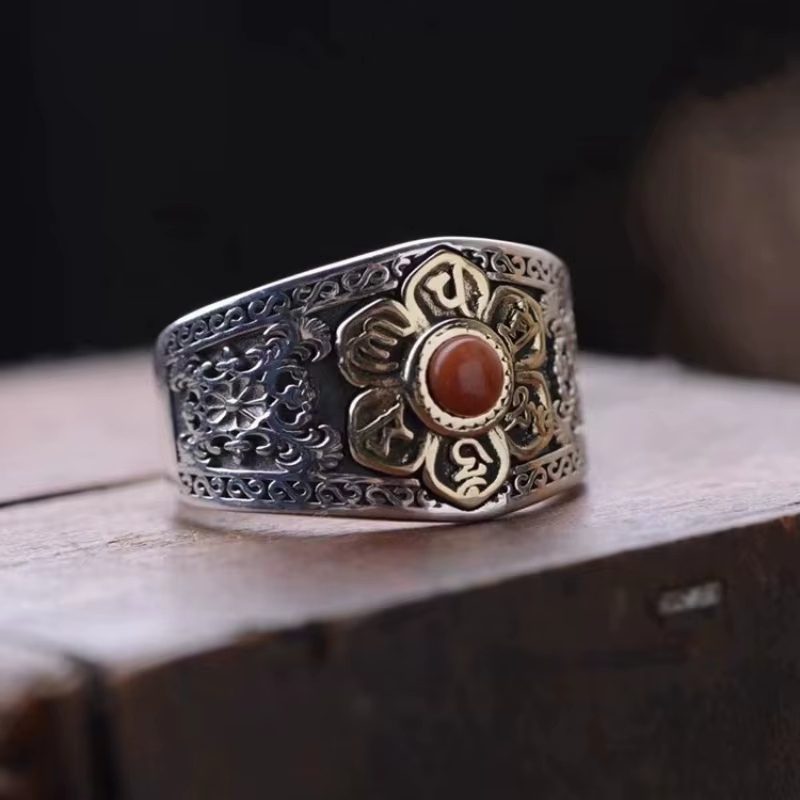 Bague ouverte en argent sterling 925 pour femme, ornée de cornaline naturelle, bijou ethnique tendan