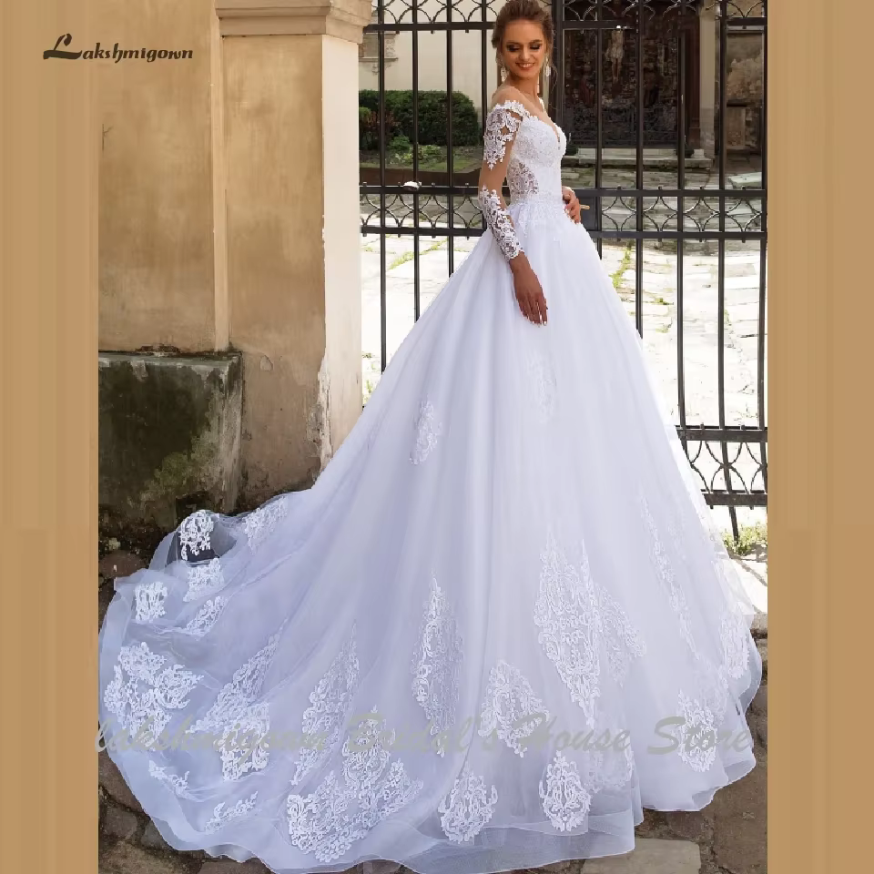 Yanshmigown-Robe de mariée de luxe A Line, 2 en 1 avec manches en dentelle, robe de patients en tull