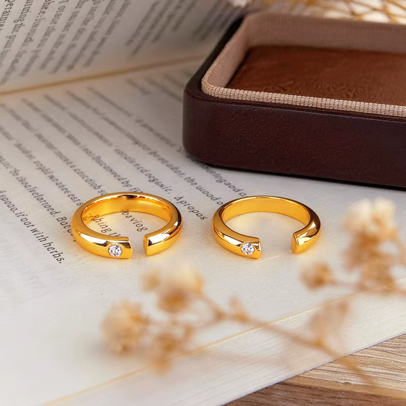 Bague en zircon ouvert style ancien cercle simple doré or sable pour femme, luxe léger, touche haut 