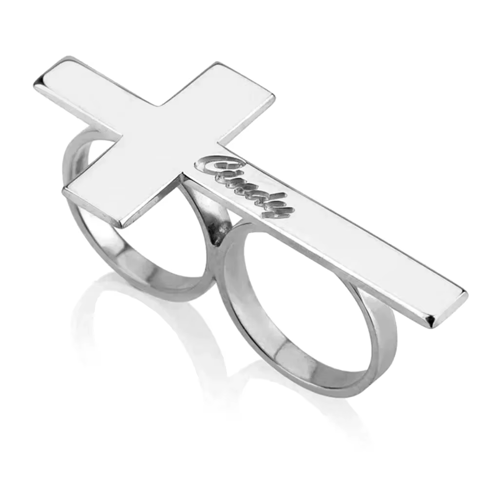 Bague à 2 doigts personnalisée pour hommes, anneaux d'articulation en or, croix personnalisée gravée