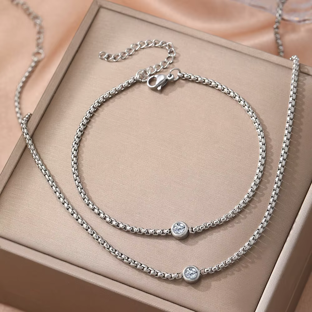 Ensemble de bracelet et collier en acier inoxydable rond à cristaux simples, ensemble de bijoux mini