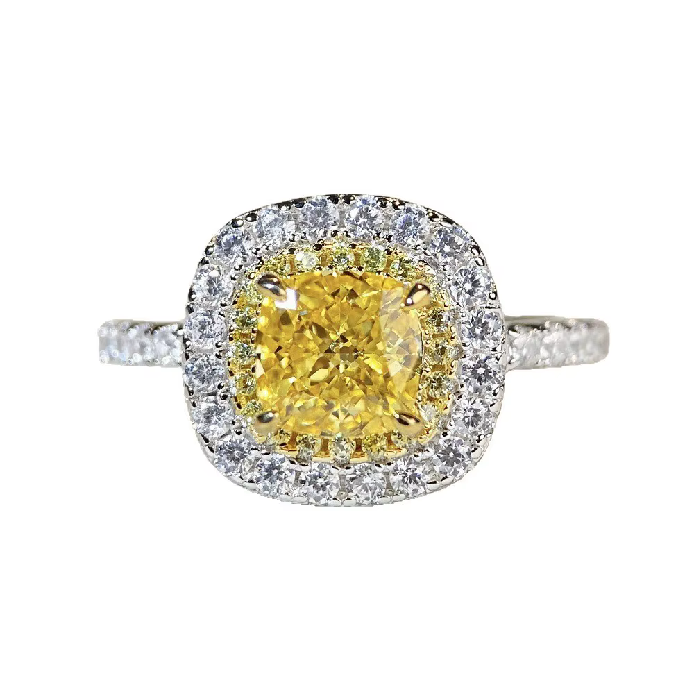 Bague en or blanc massif 18 carats AU750, diamant jaune coussin de 1,5 ct, bague de fiançailles pour