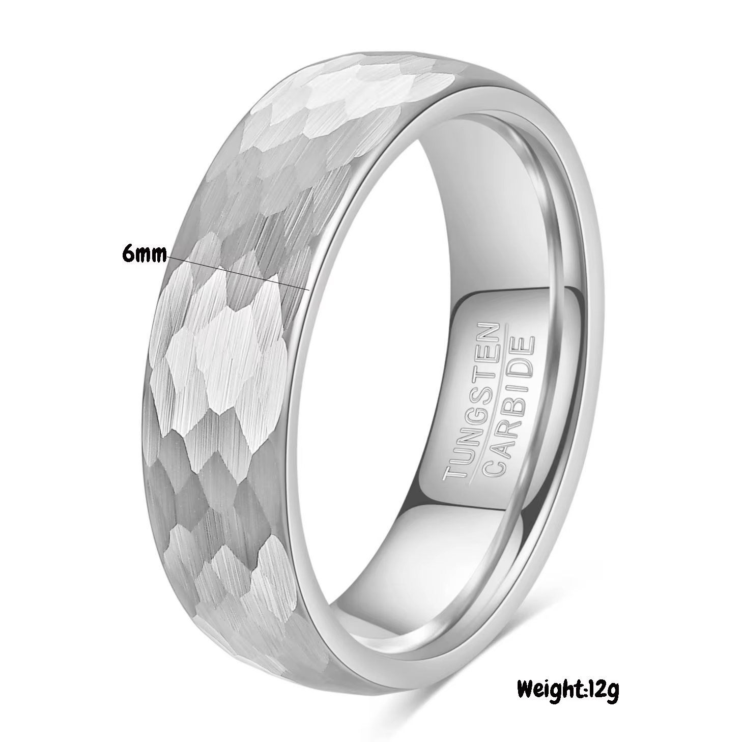 Bagues de fiançailles martelées en or/noir/argent de 6mm, bagues en carbure de tungstène pour hommes