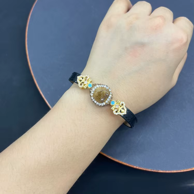Bracelet en cristal de quartz turquoise aigue-marine naturelle brute pour femme, avec chaîne en cuir