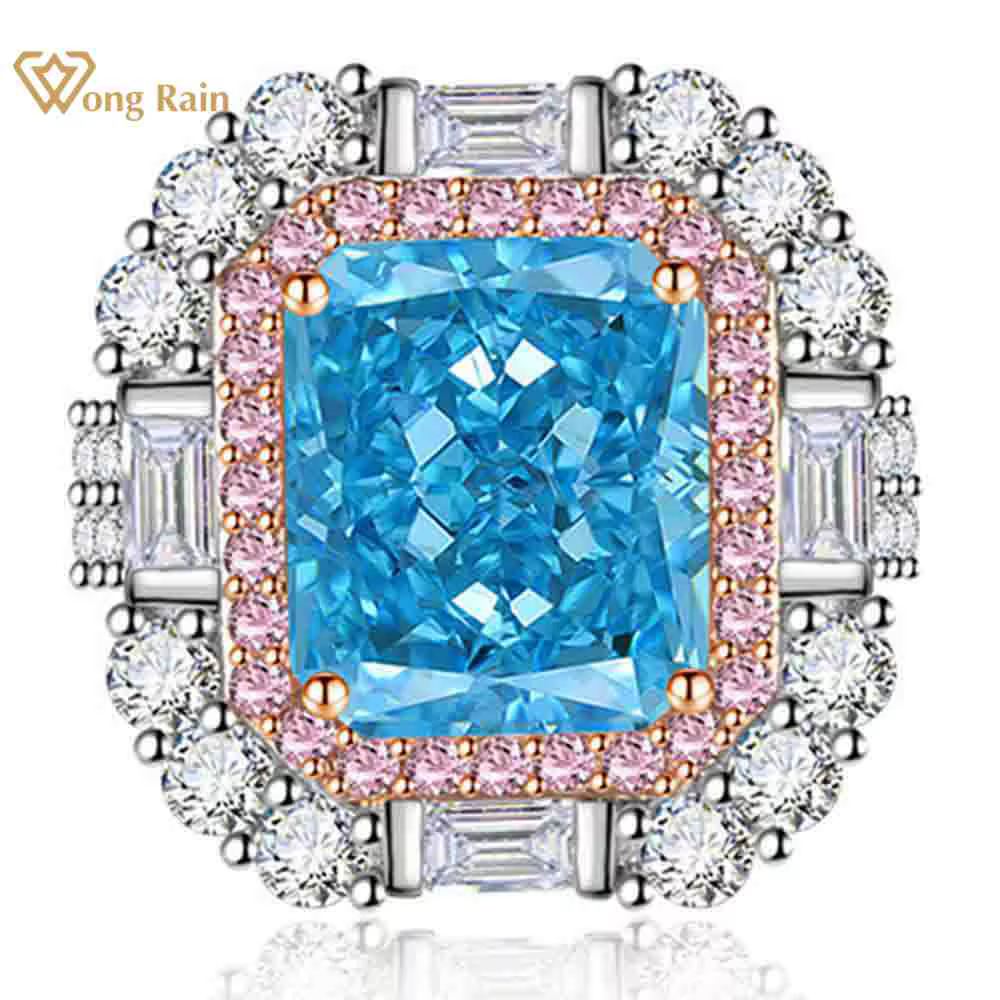 Wong Rain – bague réglable en argent Sterling 100% 925, 8 CT, coupe glace pilée, aigue-marine, diama