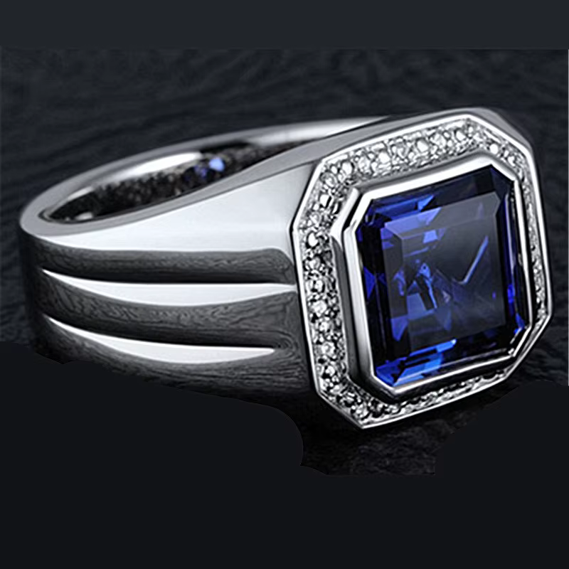 Bague de luxe en platine à large bande avec saphir bleu et diamant carré, bijoux haut de gamme, zirc