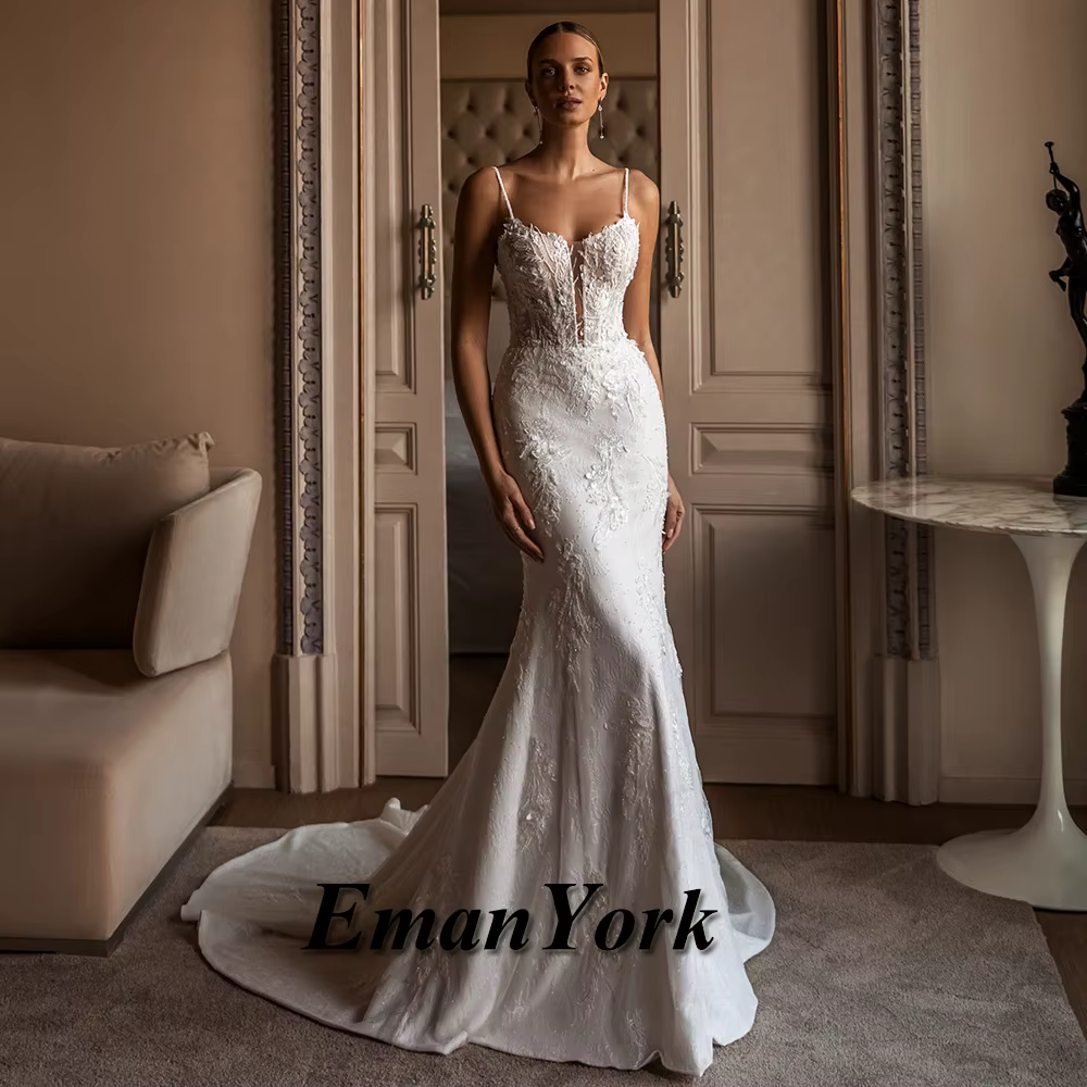 EmanY-Robes de mariée sirène pour femmes, bretelles spaghetti, perles, train de balayage, appliques,