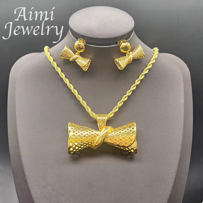 Ensemble de bijoux nigwin plaqué or 24 carats pour femmes, collier nœud papillon, boucles d'oreilles