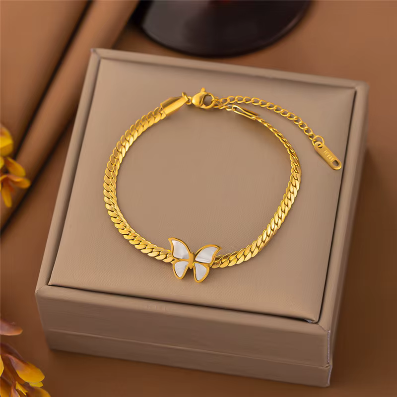 Ensemble de bijoux papillon en nacre blanche, collier et bracelet en acier inoxydable doré, chaîne c