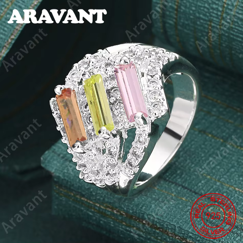 Bague rectangulaire tricolore en argent sterling 925 avec zircone, bijoux de fête de mariage exquis 